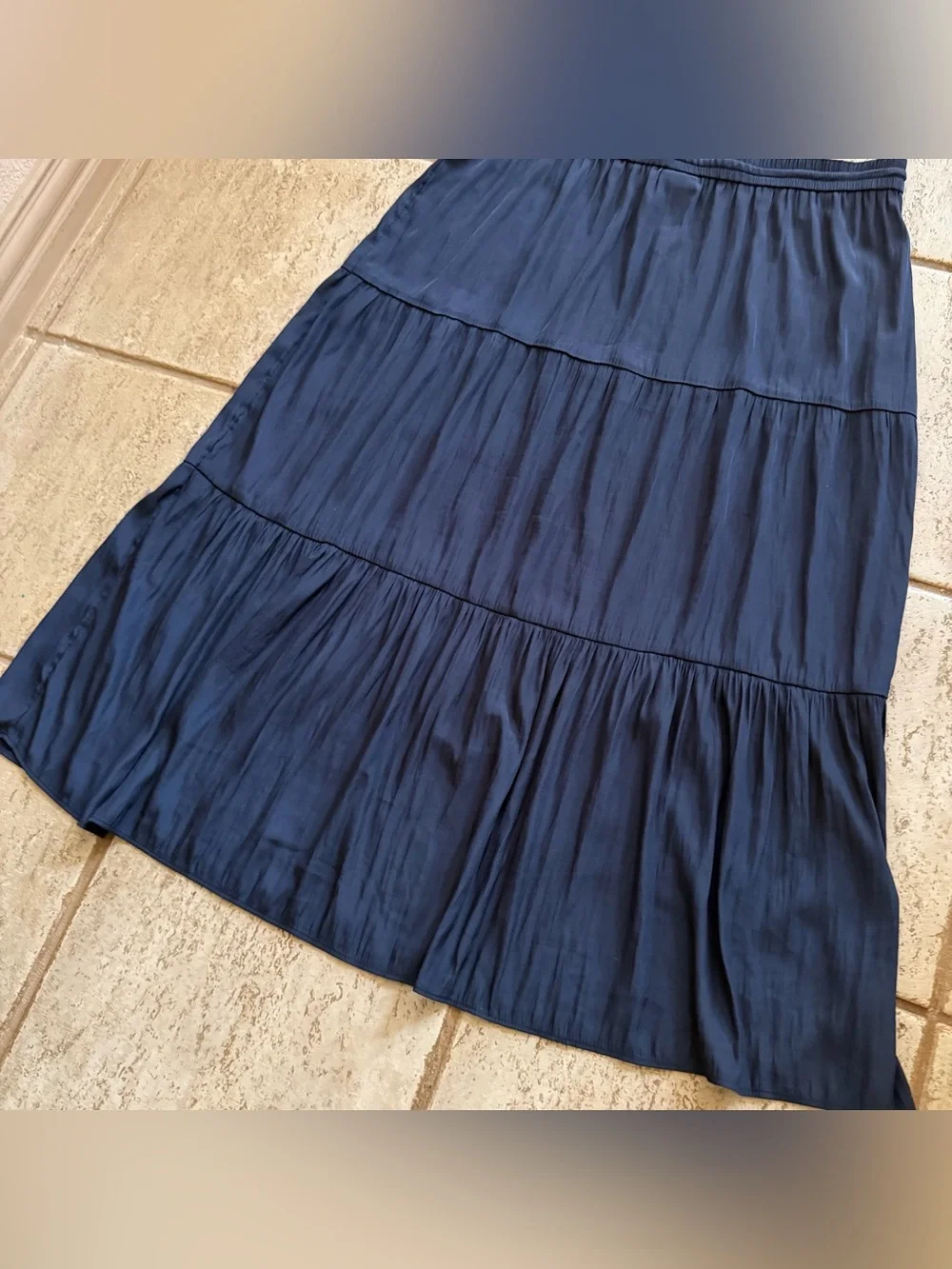 J. Jill Navy Blue Crinkle Tiered Maxi Skirt Womens Size XL Elastic Waist Flowy